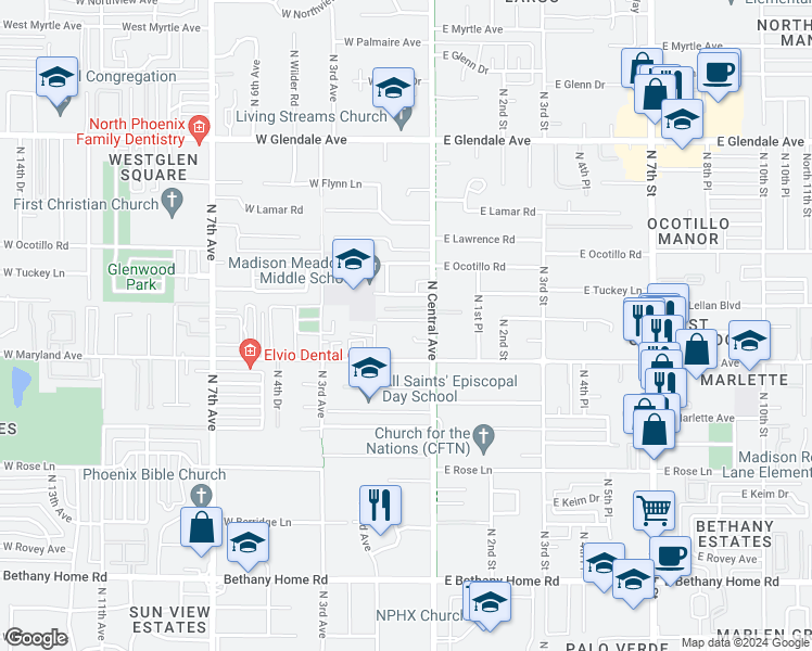 map of restaurants, bars, coffee shops, grocery stores, and more near 37 West Sierra Vista Drive in Phoenix