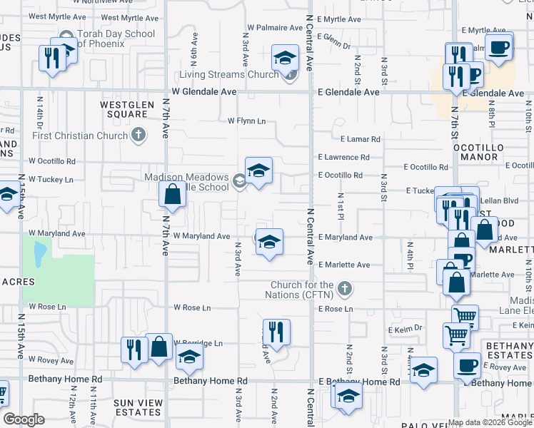 map of restaurants, bars, coffee shops, grocery stores, and more near 225 West Ocotillo Road in Phoenix