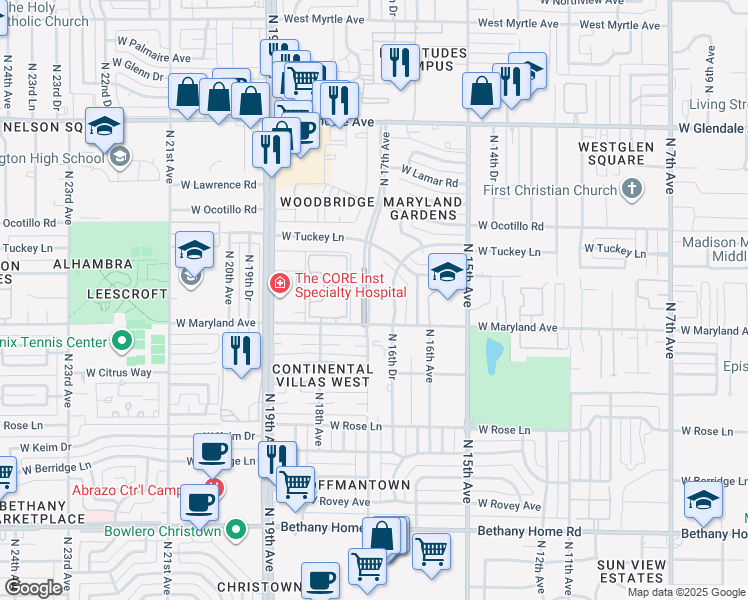 map of restaurants, bars, coffee shops, grocery stores, and more near 6535 North 17th Avenue in Phoenix