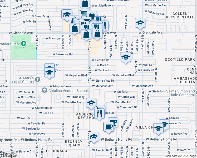 map of restaurants, bars, coffee shops, grocery stores, and more near 3415 West McLellan Boulevard in Phoenix