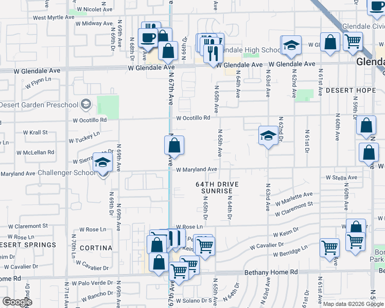 map of restaurants, bars, coffee shops, grocery stores, and more near 6539 North 67th Avenue in Glendale