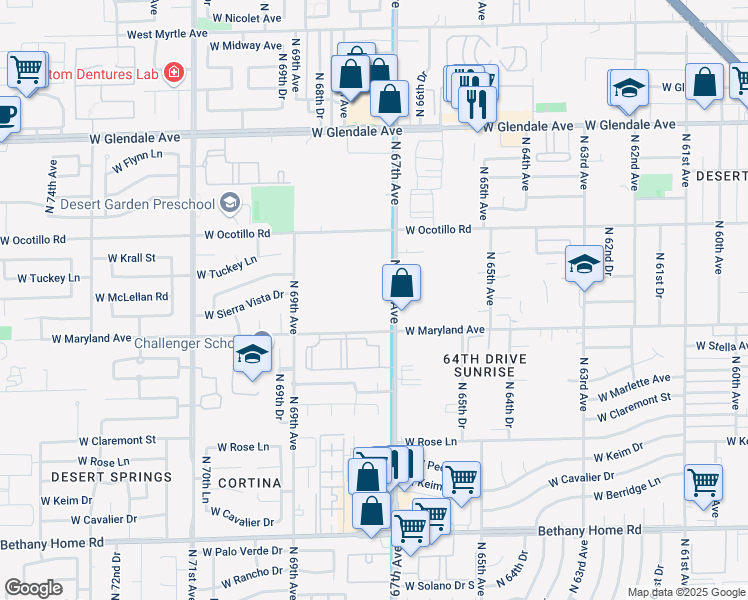 map of restaurants, bars, coffee shops, grocery stores, and more near 6504 North 67th Avenue in Glendale