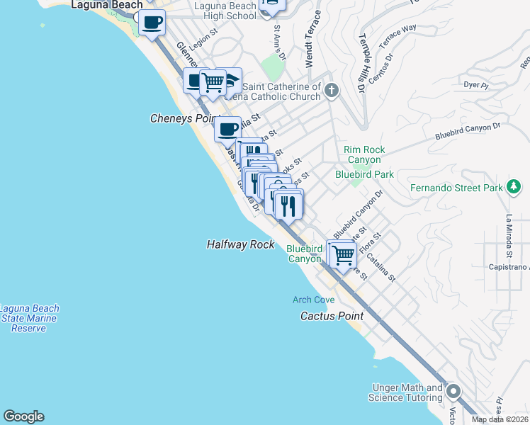map of restaurants, bars, coffee shops, grocery stores, and more near 1316 South Coast Highway in Laguna Beach