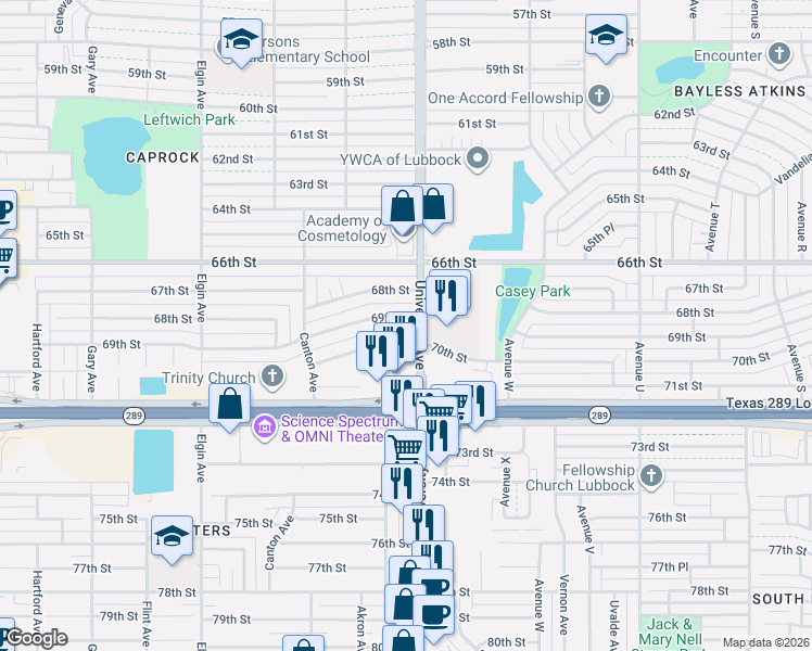 map of restaurants, bars, coffee shops, grocery stores, and more near 2503 69th Street in Lubbock