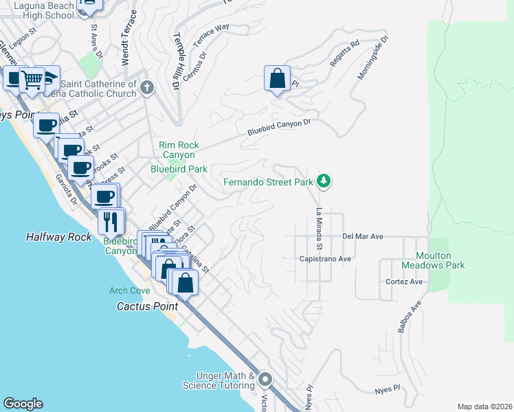 map of restaurants, bars, coffee shops, grocery stores, and more near 846 Diamond Street in Laguna Beach