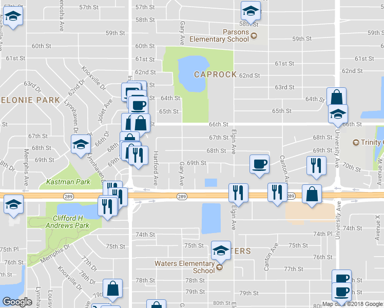 map of restaurants, bars, coffee shops, grocery stores, and more near 3027 68th Street in Lubbock