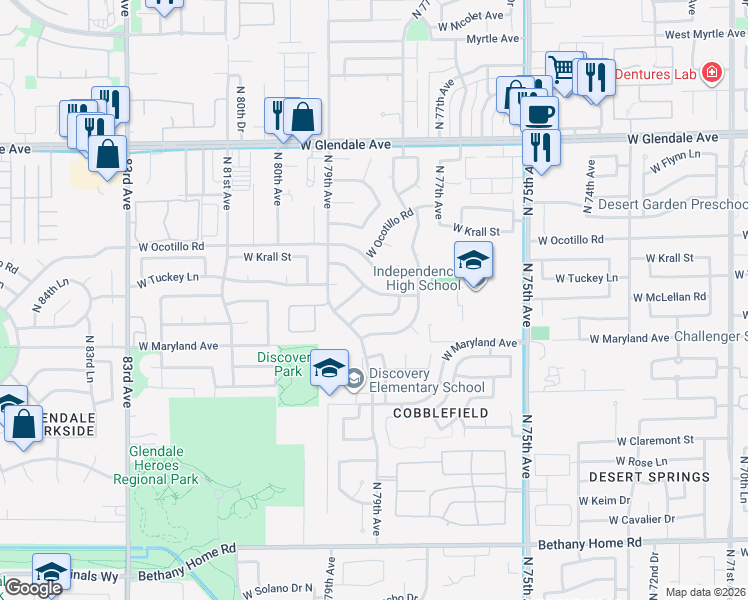 map of restaurants, bars, coffee shops, grocery stores, and more near 7844 West Krall Street in Glendale