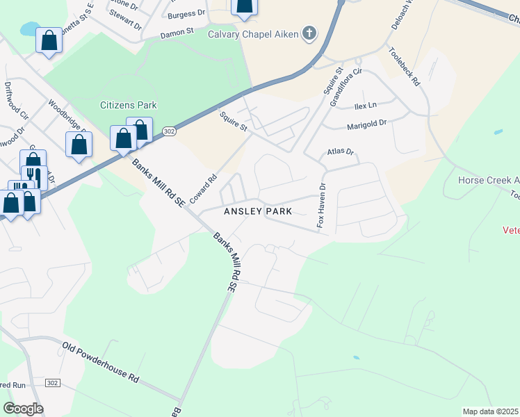 map of restaurants, bars, coffee shops, grocery stores, and more near 106 Fox Haven Drive in Aiken