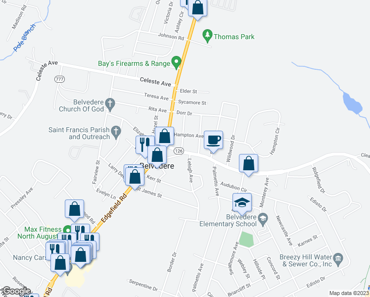 map of restaurants, bars, coffee shops, grocery stores, and more near 302 Belvedere Clearwater Road in Belvedere