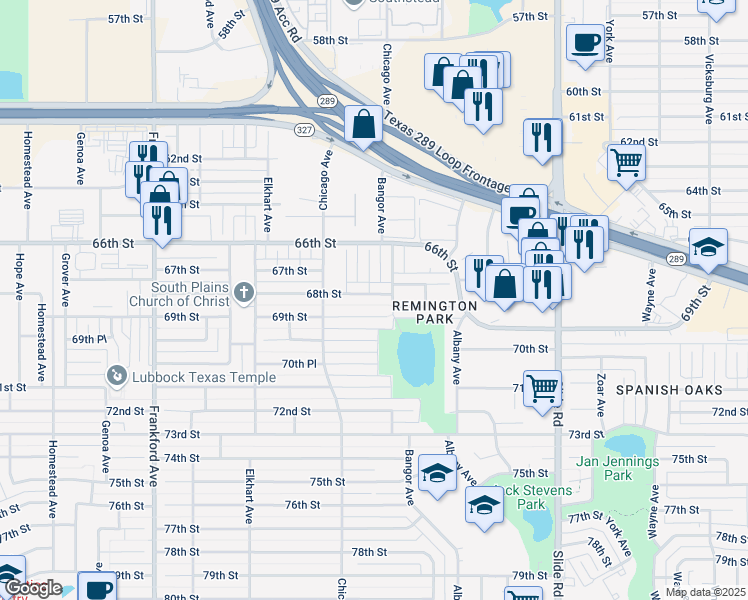 map of restaurants, bars, coffee shops, grocery stores, and more near 5414 68th Street in Lubbock