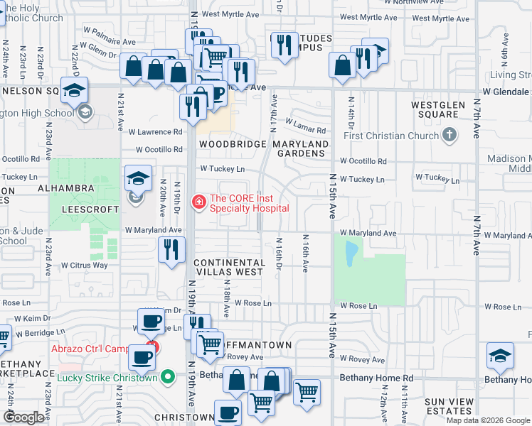 map of restaurants, bars, coffee shops, grocery stores, and more near 6535 North 17th Avenue in Phoenix