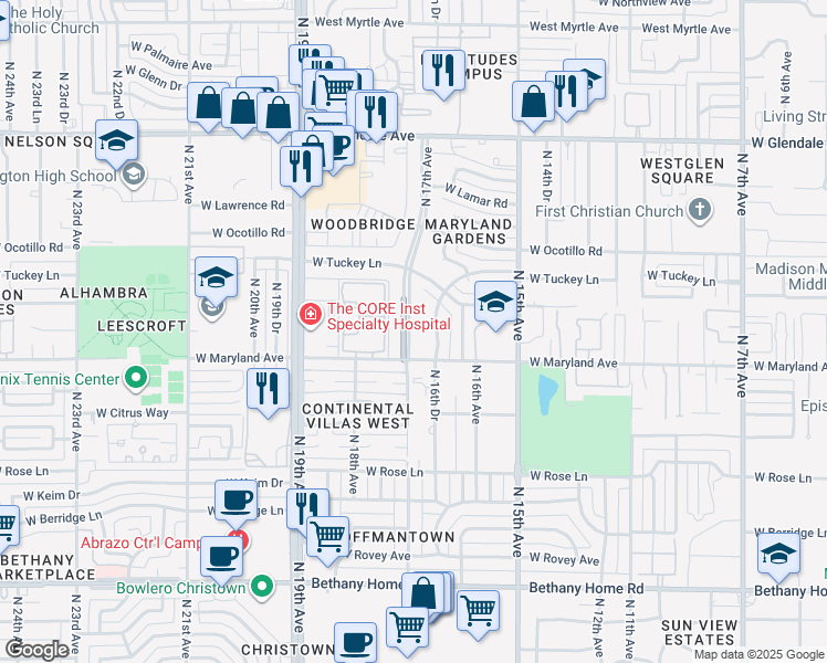 map of restaurants, bars, coffee shops, grocery stores, and more near 6535 North 17th Avenue in Phoenix