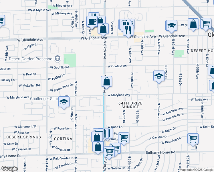 map of restaurants, bars, coffee shops, grocery stores, and more near 6527 North 67th Avenue in Glendale