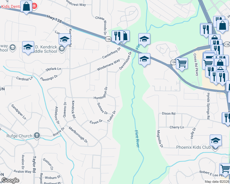 map of restaurants, bars, coffee shops, grocery stores, and more near 8125 Devonshire Drive in Jonesboro