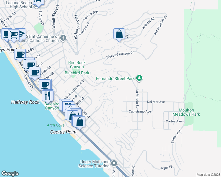 map of restaurants, bars, coffee shops, grocery stores, and more near 846 Diamond Street in Laguna Beach