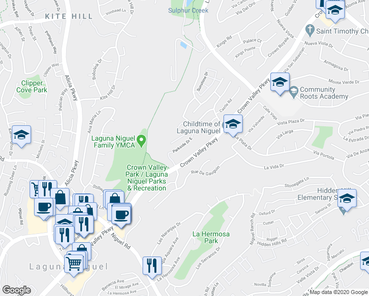 map of restaurants, bars, coffee shops, grocery stores, and more near 24346 Parkside Drive East in Laguna Niguel