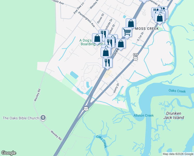 map of restaurants, bars, coffee shops, grocery stores, and more near 1 Burr Circle in Murrells Inlet