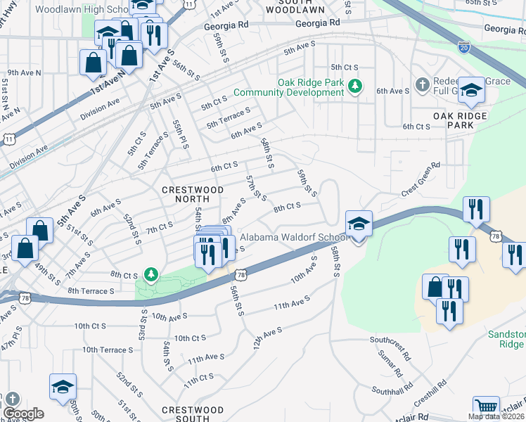 map of restaurants, bars, coffee shops, grocery stores, and more near 5644 8th Court South in Birmingham