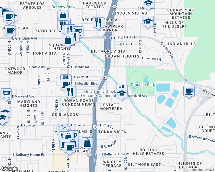 map of restaurants, bars, coffee shops, grocery stores, and more near 1850 East Maryland Avenue in Phoenix