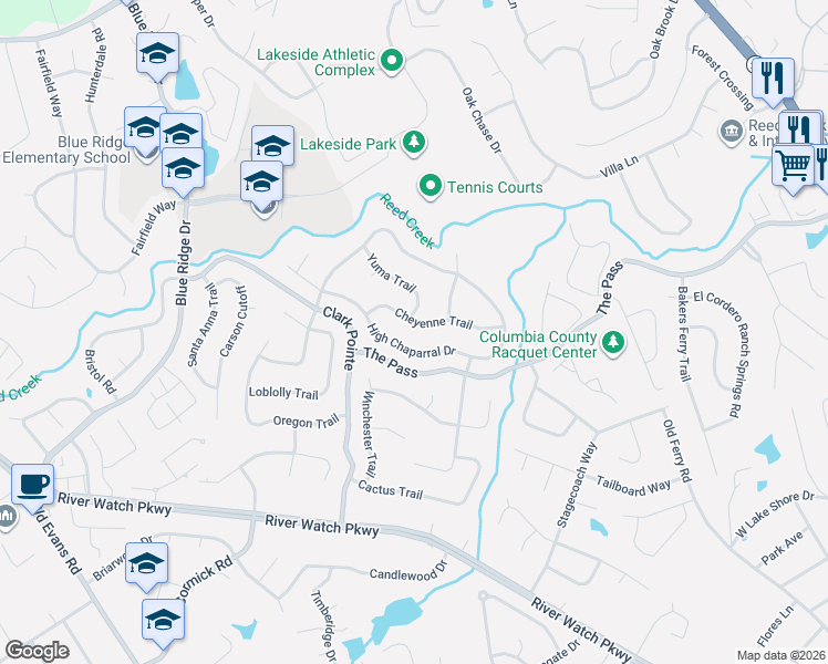 map of restaurants, bars, coffee shops, grocery stores, and more near 3967 Cheyenne Trail in Augusta