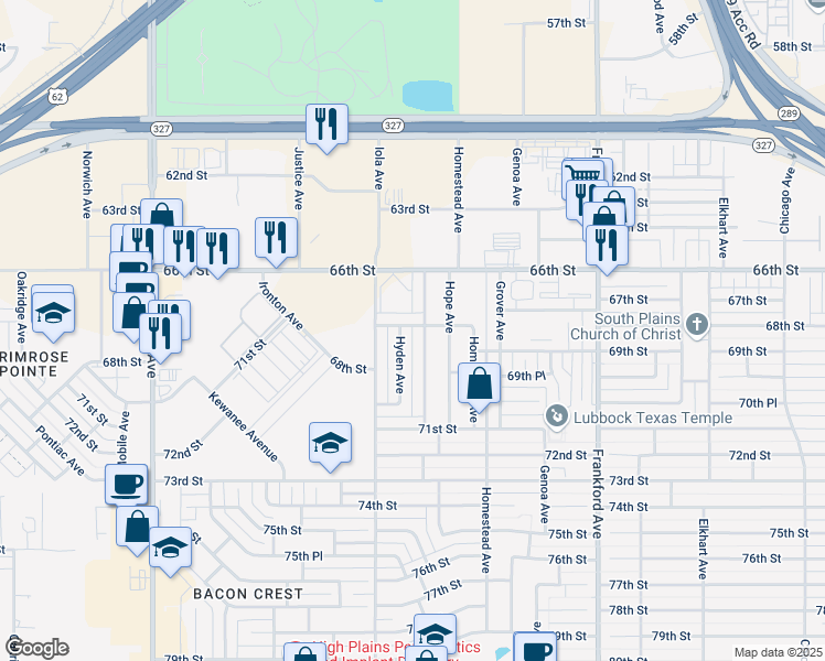 map of restaurants, bars, coffee shops, grocery stores, and more near 6807 68th Street in Lubbock
