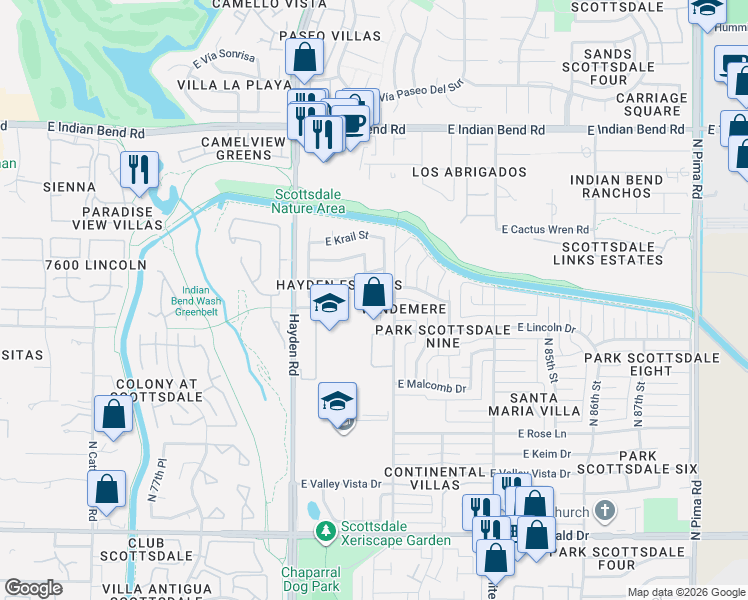 map of restaurants, bars, coffee shops, grocery stores, and more near 8050 East Redwing Road in Scottsdale