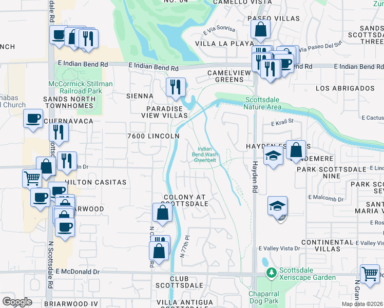 map of restaurants, bars, coffee shops, grocery stores, and more near 7800 East Lincoln Drive in Scottsdale