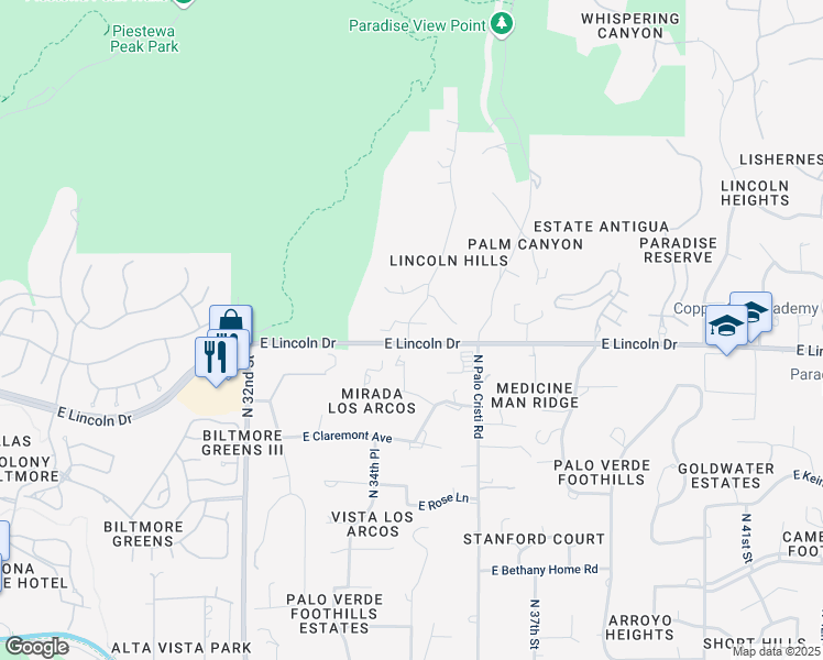map of restaurants, bars, coffee shops, grocery stores, and more near 3500 East Lincoln Drive in Phoenix