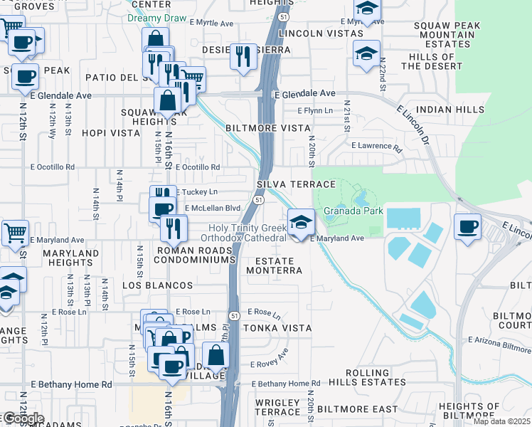 map of restaurants, bars, coffee shops, grocery stores, and more near 1850 East Maryland Avenue in Phoenix