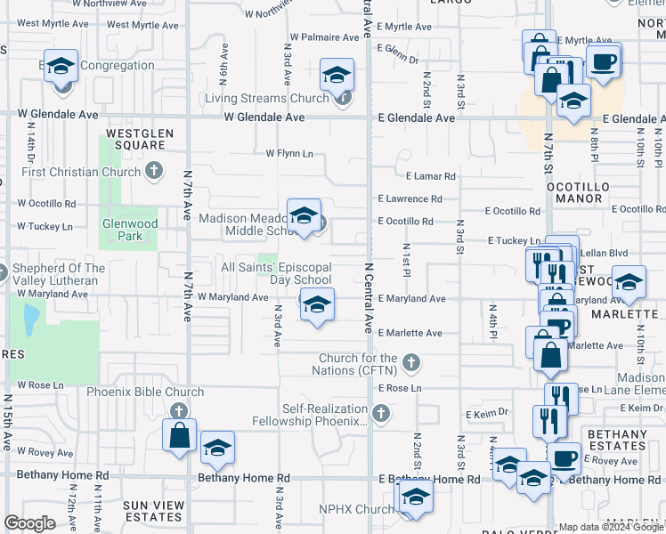 map of restaurants, bars, coffee shops, grocery stores, and more near 37 West Sierra Vista Drive in Phoenix