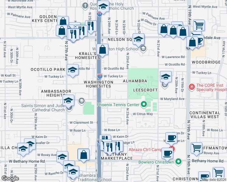 map of restaurants, bars, coffee shops, grocery stores, and more near 2338 West Sierra Vista Drive in Phoenix