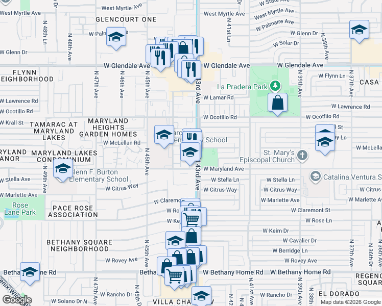 map of restaurants, bars, coffee shops, grocery stores, and more near 6542 North 43rd Avenue in Glendale
