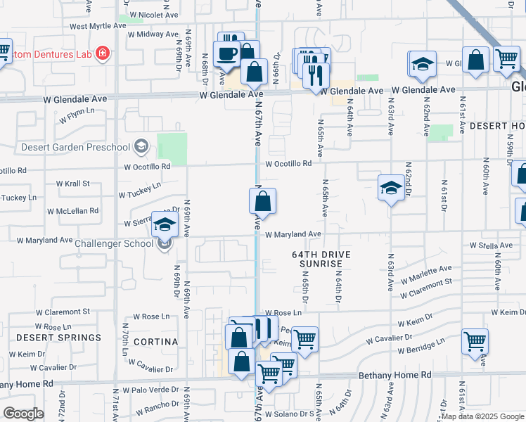 map of restaurants, bars, coffee shops, grocery stores, and more near 6527 North 67th Avenue in Glendale