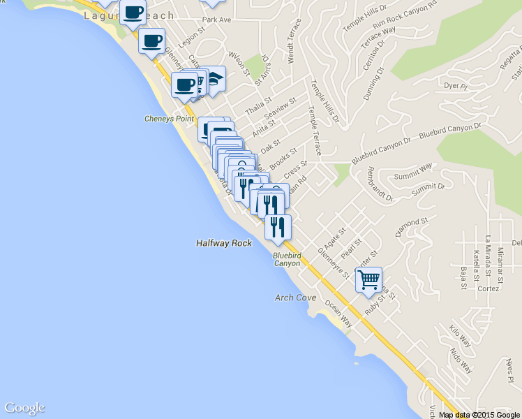 map of restaurants, bars, coffee shops, grocery stores, and more near 1360 South Coast Highway in Laguna Beach