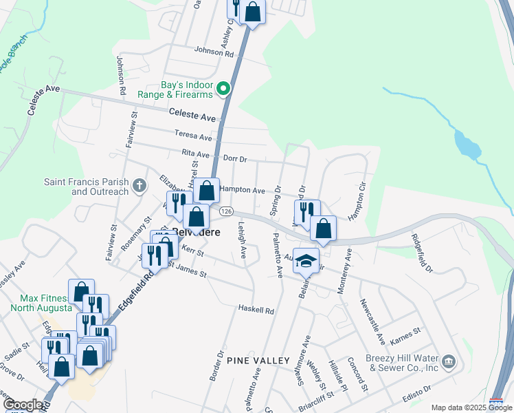 map of restaurants, bars, coffee shops, grocery stores, and more near 305 Hampton Avenue in North Augusta