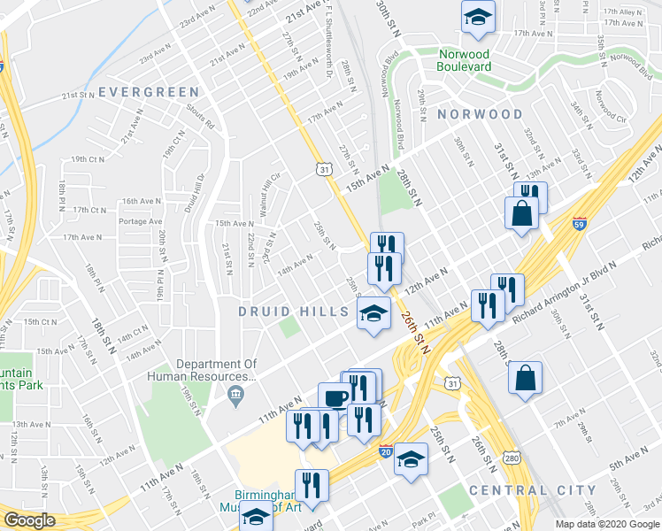 map of restaurants, bars, coffee shops, grocery stores, and more near 1326 25th Street North in Birmingham