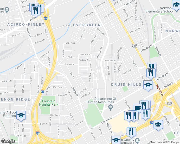 map of restaurants, bars, coffee shops, grocery stores, and more near 1527 20th Street North in Birmingham