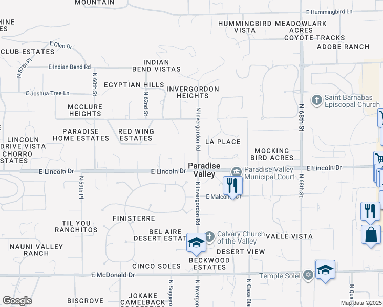 map of restaurants, bars, coffee shops, grocery stores, and more near 6527 North 63rd Place in Paradise Valley