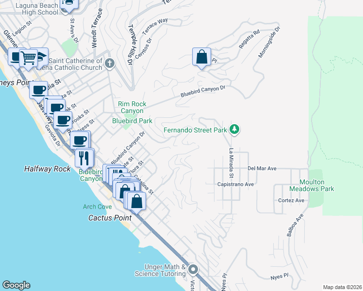 map of restaurants, bars, coffee shops, grocery stores, and more near 856 Diamond Street in Laguna Beach