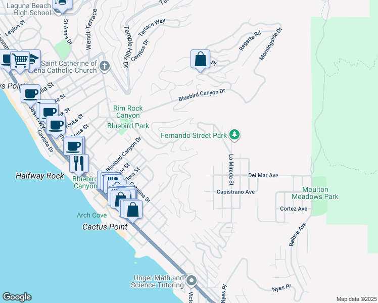 map of restaurants, bars, coffee shops, grocery stores, and more near 856 Diamond Street in Laguna Beach