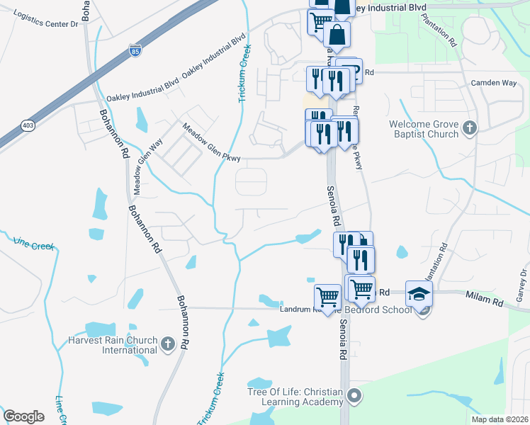 map of restaurants, bars, coffee shops, grocery stores, and more near 5908 Bluegross View in Fairburn