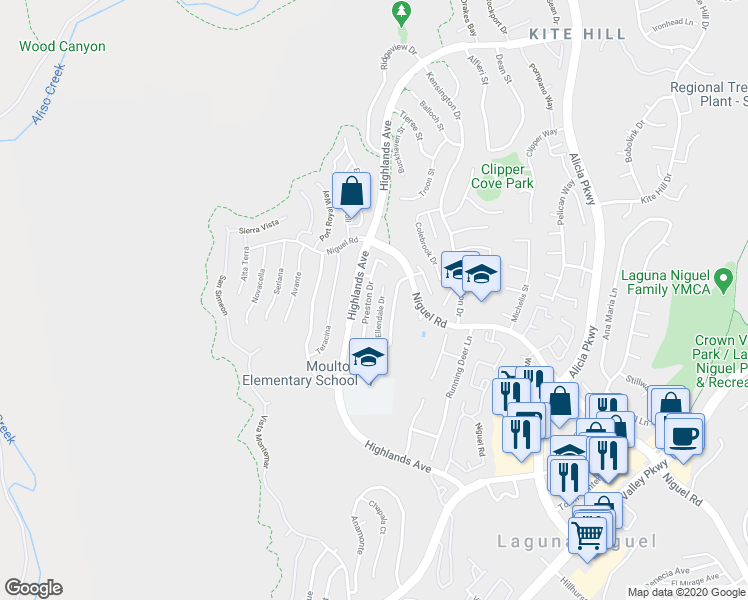 map of restaurants, bars, coffee shops, grocery stores, and more near 29682 Preston Drive in Laguna Niguel