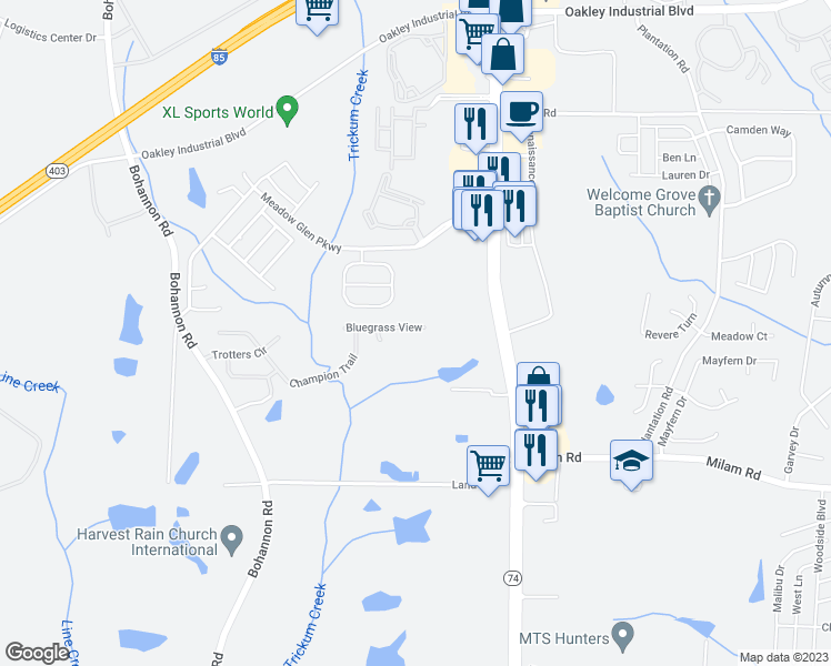 map of restaurants, bars, coffee shops, grocery stores, and more near 5888 Bluegross View in Fairburn