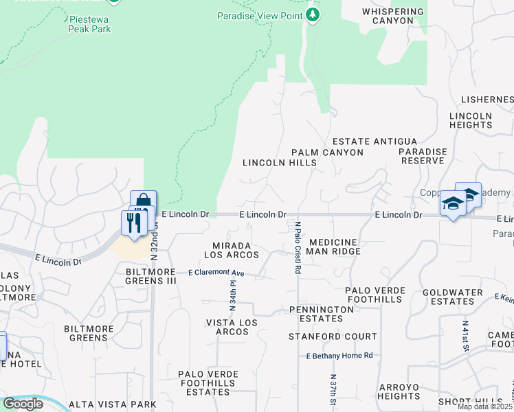 map of restaurants, bars, coffee shops, grocery stores, and more near 3500 East Lincoln Drive in Phoenix