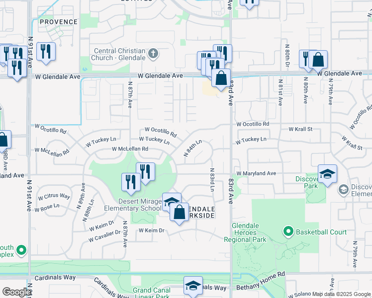 map of restaurants, bars, coffee shops, grocery stores, and more near 6627 North 85th Avenue in Glendale