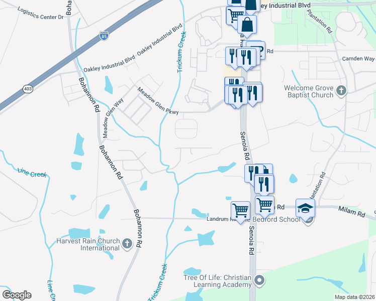 map of restaurants, bars, coffee shops, grocery stores, and more near 105 Belmont Terrace in Fairburn