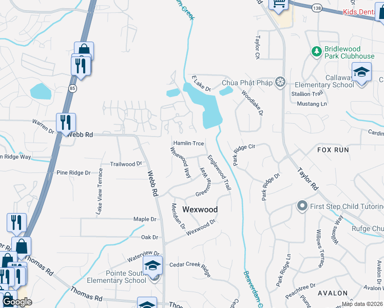 map of restaurants, bars, coffee shops, grocery stores, and more near 8122 Englewood Trail in Riverdale