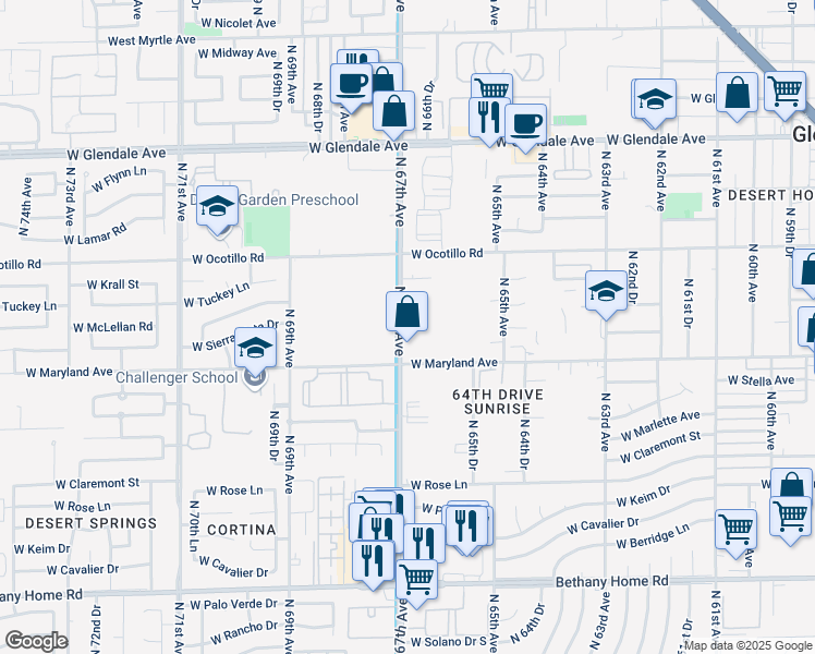 map of restaurants, bars, coffee shops, grocery stores, and more near 6527 North 67th Avenue in Glendale