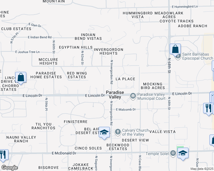map of restaurants, bars, coffee shops, grocery stores, and more near 6527 North 63rd Place in Paradise Valley