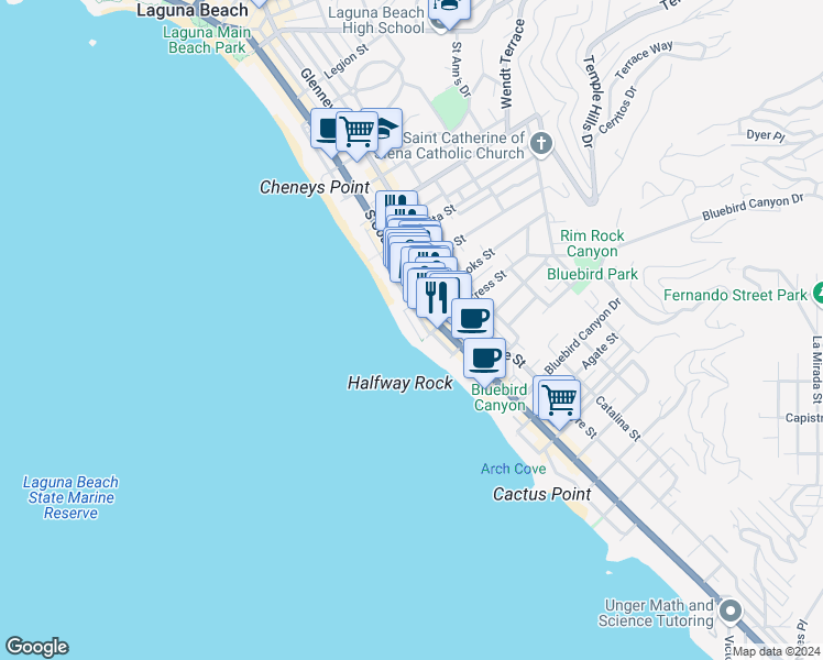 map of restaurants, bars, coffee shops, grocery stores, and more near 1261 Ocean Front in Laguna Beach
